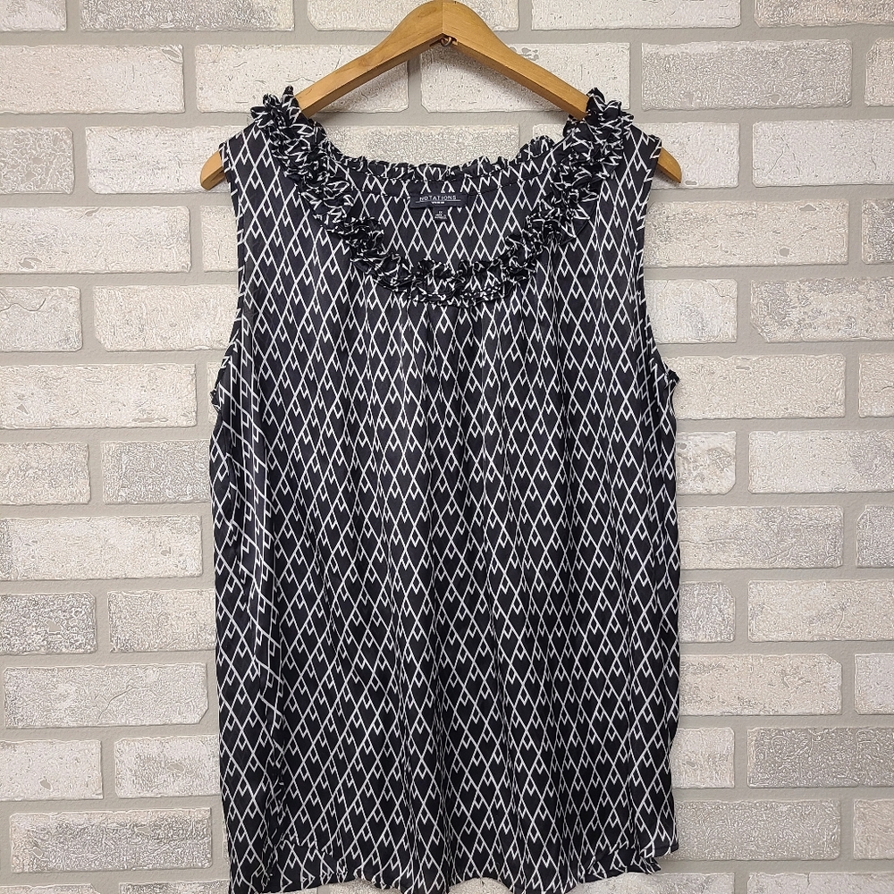 Notations Black and White Sleeveless Diamond-Print Ruffle Neck Top